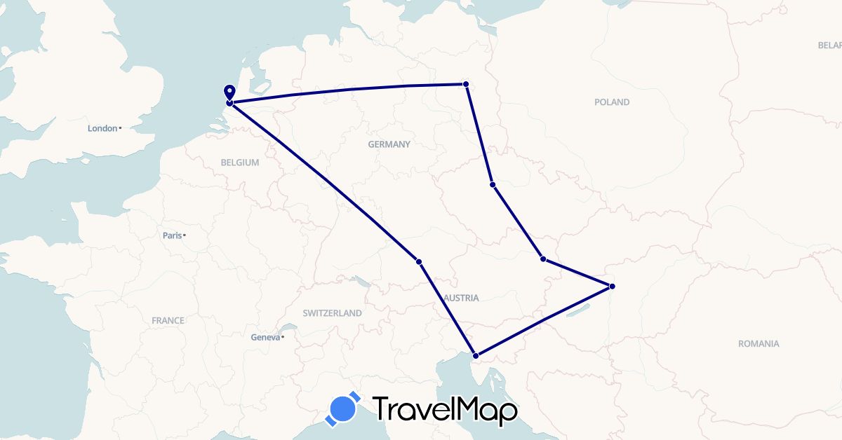 TravelMap itinerary: driving in Austria, Czech Republic, Germany, Hungary, Italy, Netherlands (Europe)