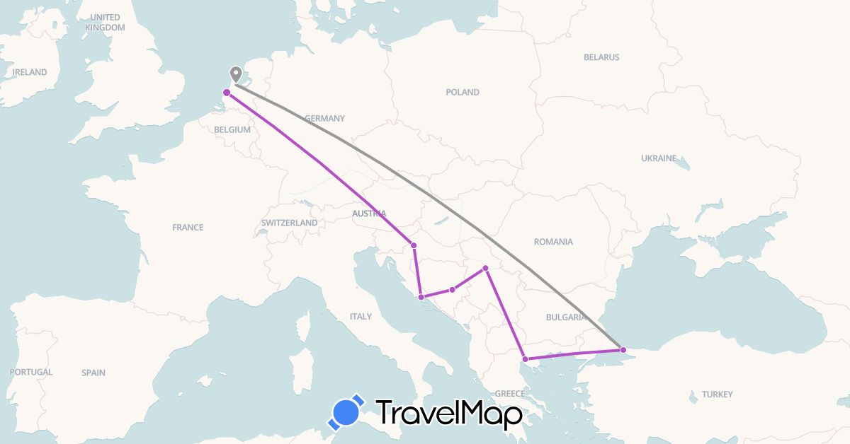 TravelMap itinerary: driving, plane, train in Bosnia and Herzegovina, Greece, Croatia, Netherlands, Serbia, Turkey (Asia, Europe)